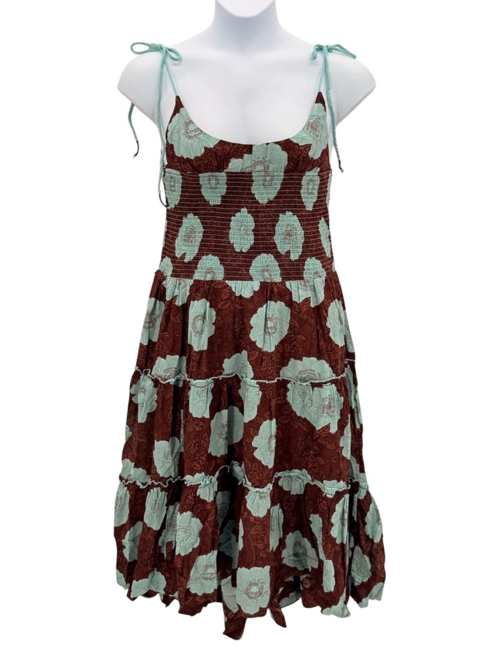 FREE PEOPLE Aariel Tie Strap Tiered Cotton Midi Dress Nutmeg Combo NWT - Picture 2 of 10